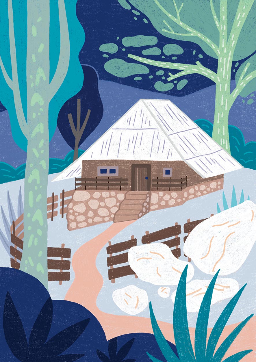 Illustration colorée d'une cabane dans la forêt, par Milena Grison