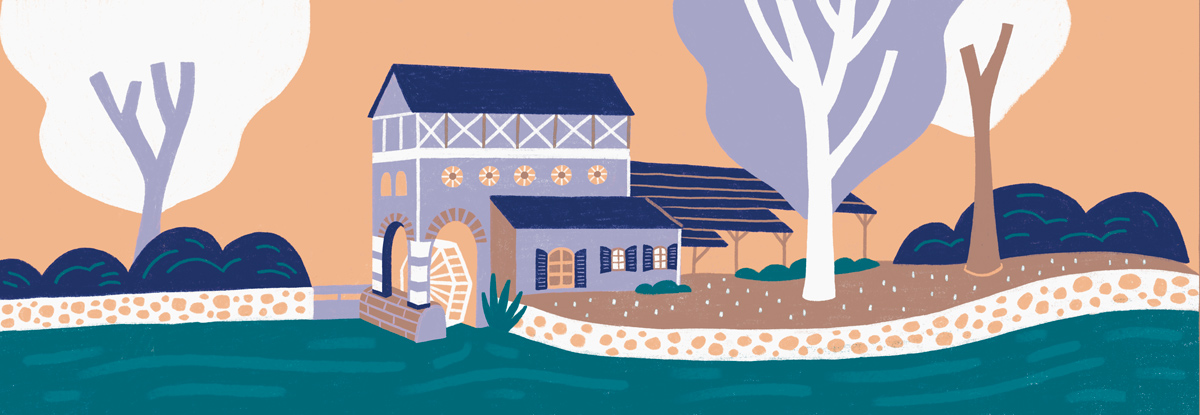 Illustration colorée d'un moulin dans la nature, par Milena Grison